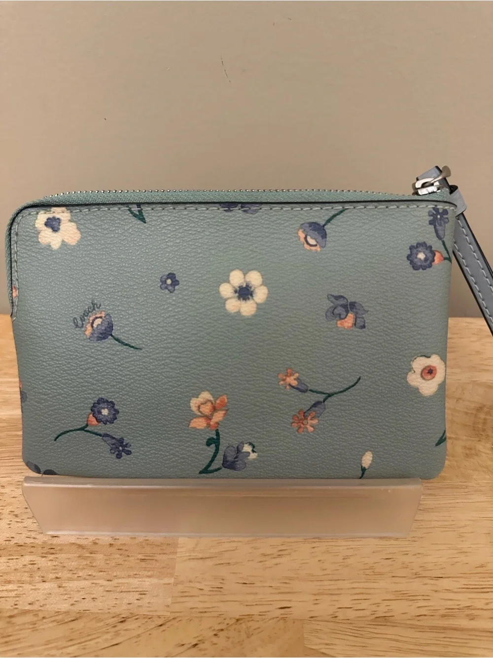 Coach Floral Wristlet in Dusty Teal with Multicolor Blooms - Picture 2 of 7